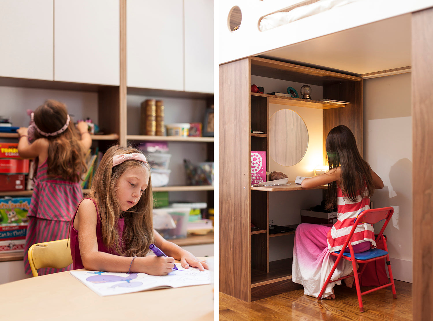 Child in pink draws at desk, another in cupboard with light.