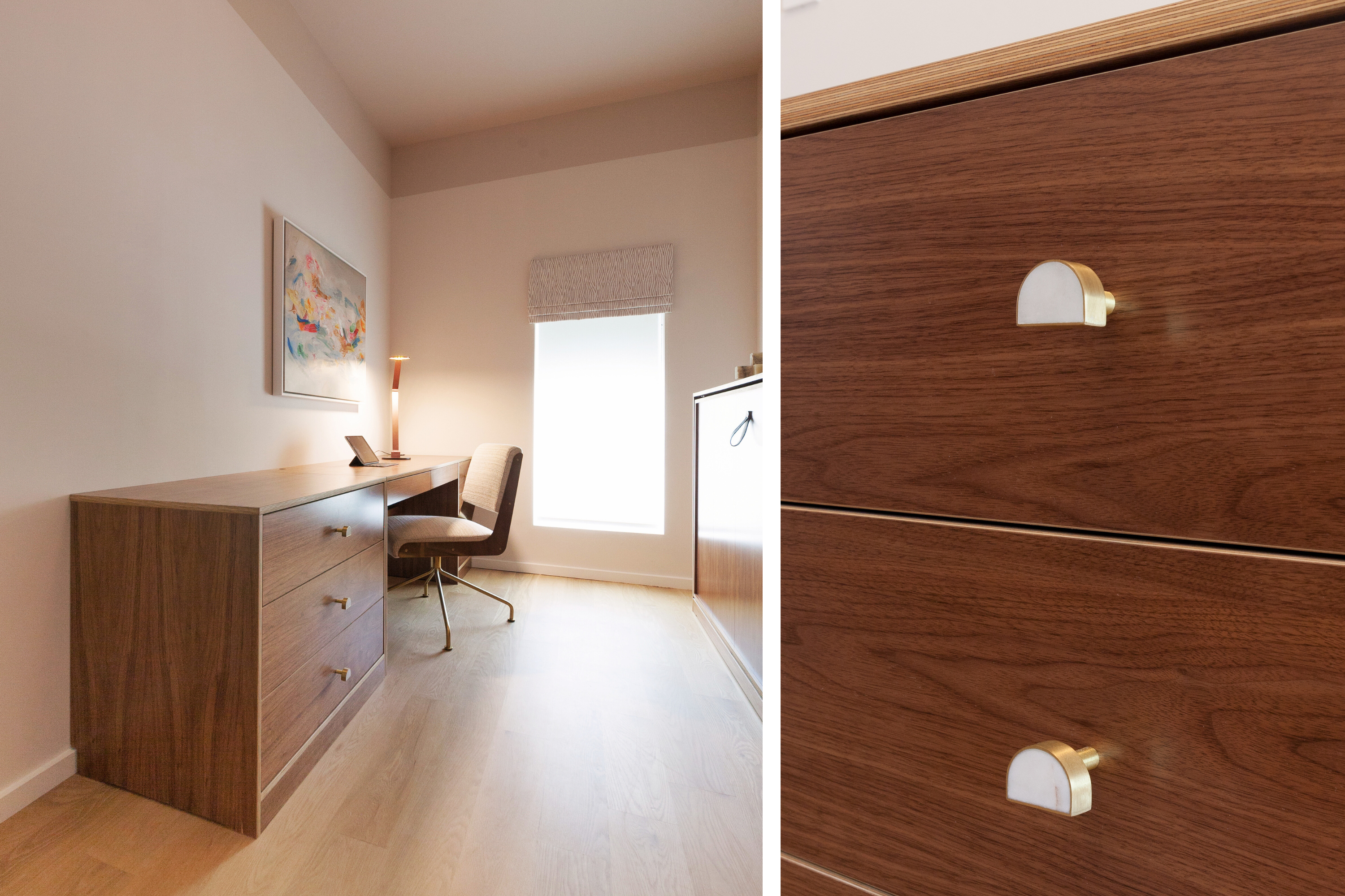 Home office with a desk, chair, artwork, and a wooden cabinet with white knobs.