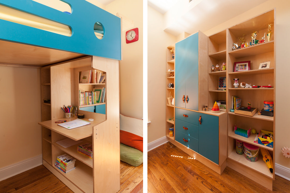 Compact loft bed with desk, shelves, blue wall, wooden floor.