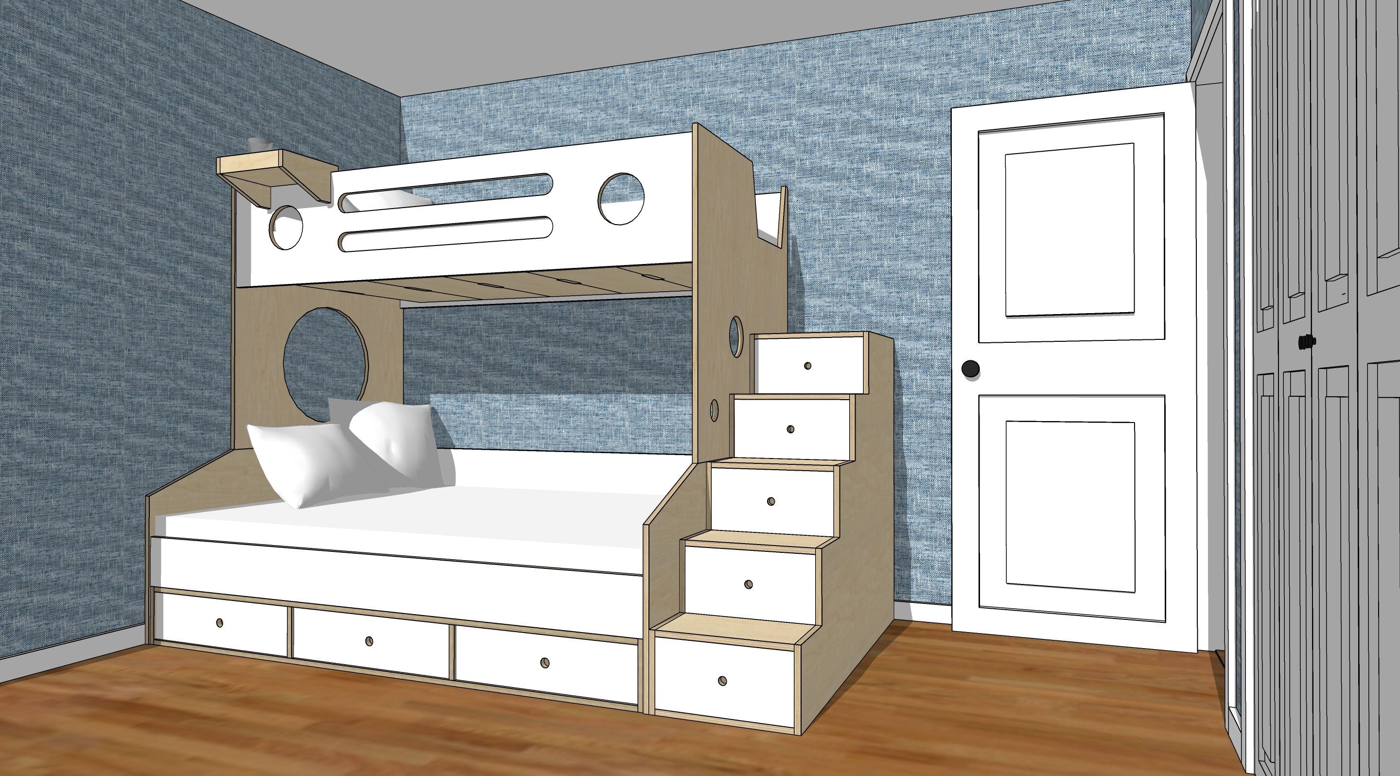 Bunk bed with storage in a room, 3D rendering.