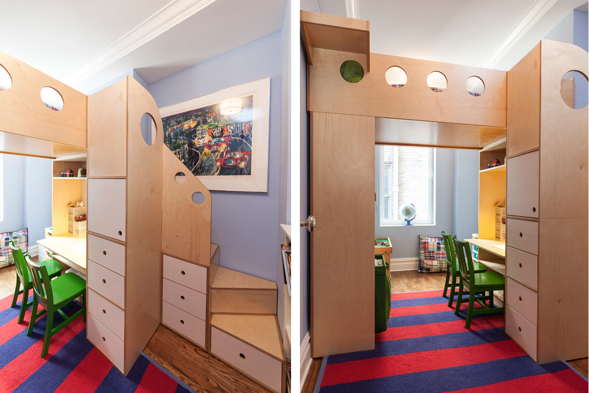 Colorful children’s room with bunk beds, desk, and round windows.