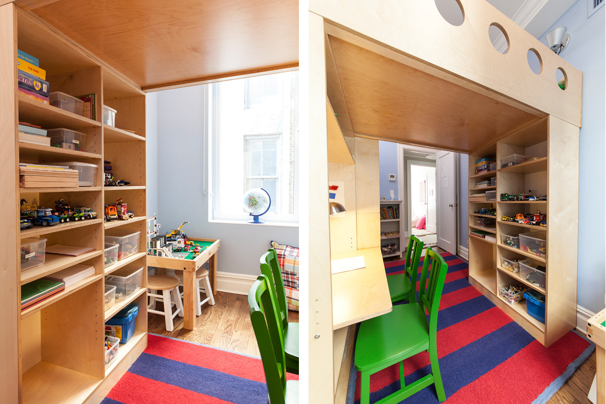 Child’s room with loft bed, desk, chairs, toys, and bookshelves.