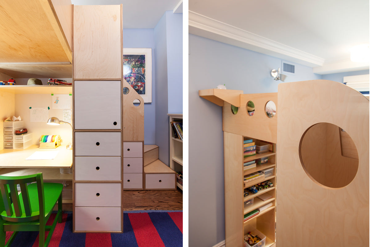 Wooden bunk bed with desk, drawers, and shelves integrated.