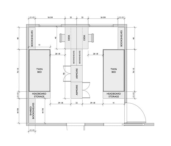 Floor plan of a room with twin beds, bookcases, desks, and headboard storage, showcasing the room layout and dimensions.