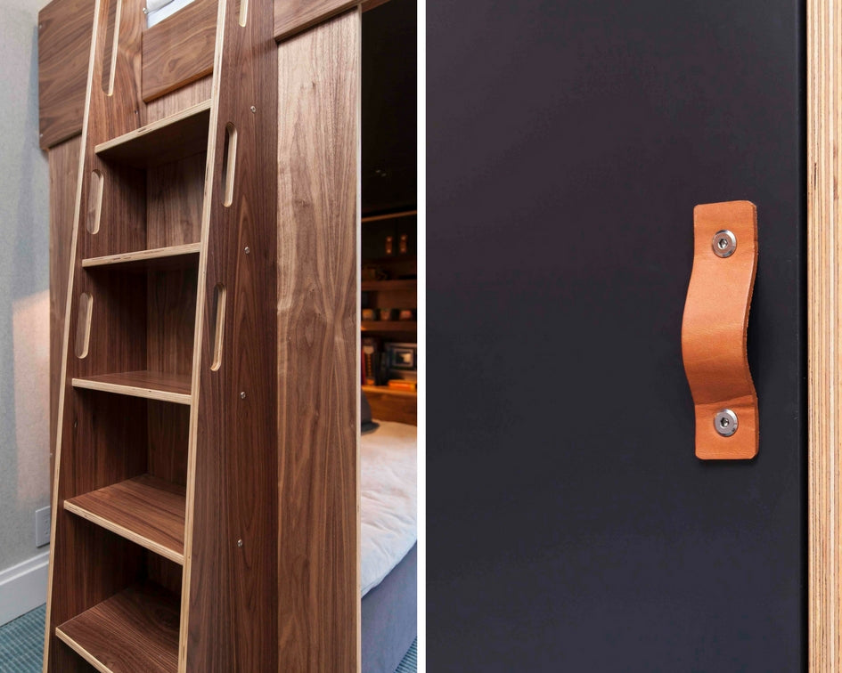 Wooden bookshelf with unique cutouts and leather handle.