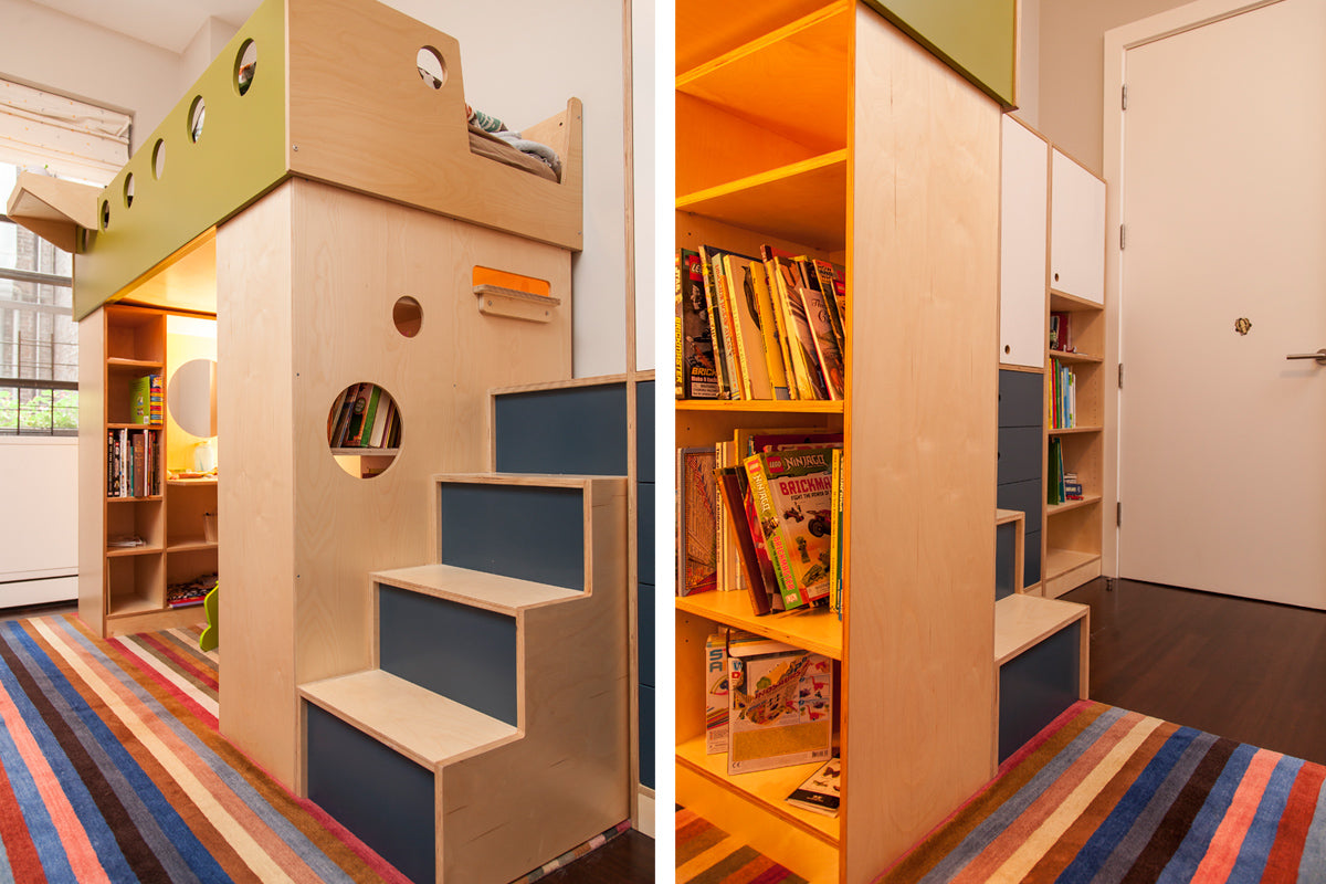 Wooden loft bed with storage, bookshelf in colorful room.