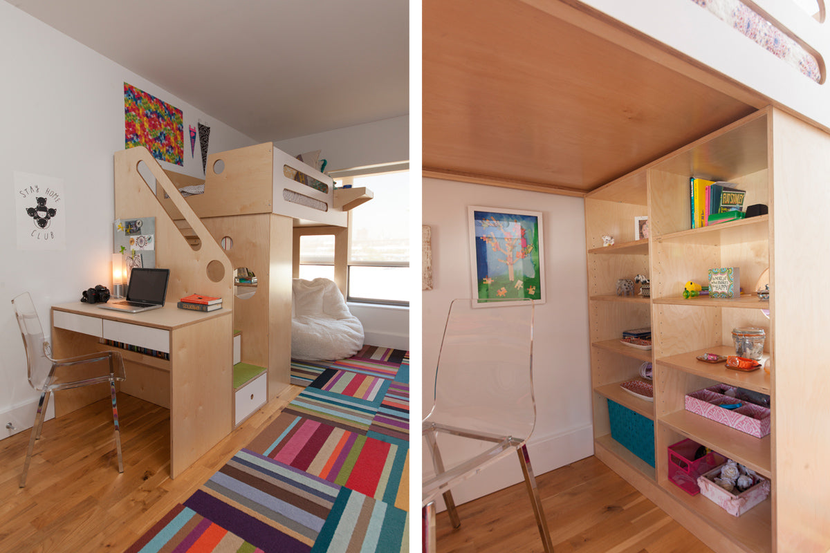Neat room with loft bed, desk, shelves, colorful rug, maximizing small space efficiently.