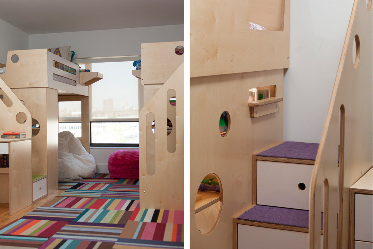 Modular kids’ bunk bed with storage, colorful rug, and a window view in a bright room.