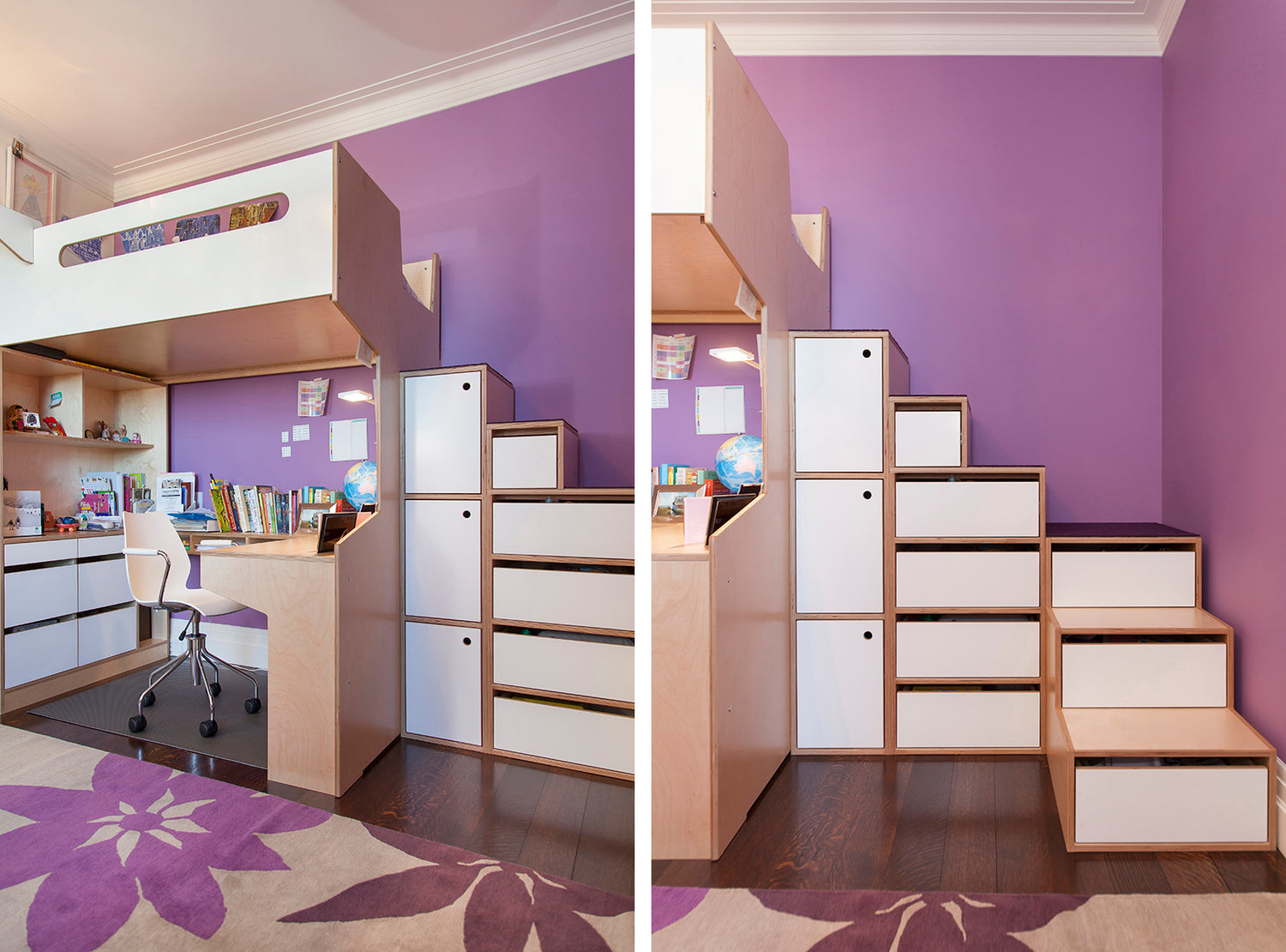 A purple room with white modular stairs doubling as storage space.