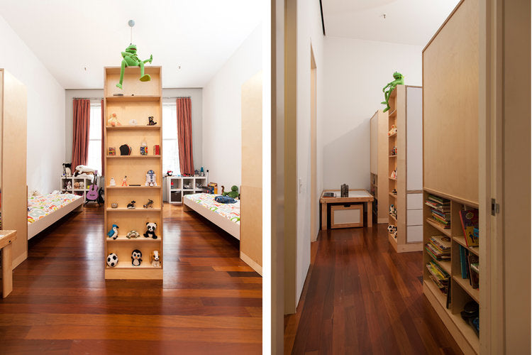 Collage of a children's room: left, twin beds flanking a central toy shelf; right, a hallway showing shelving.