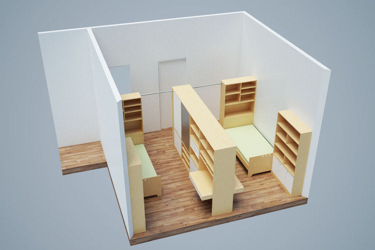 3D model of a room with light wood floors, featuring a bed with built-in stairs and storage shelves.