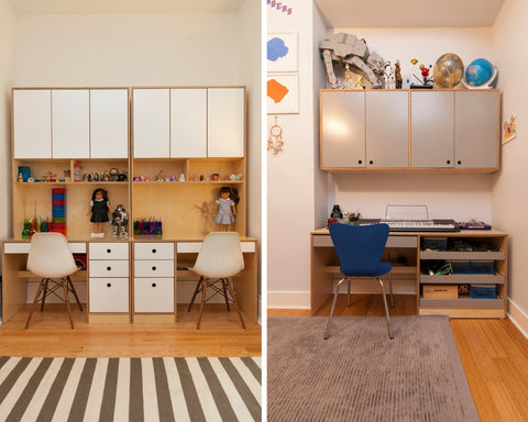 Two modern children's study areas with desks, cabinets, chairs, and striped and plain rugs.