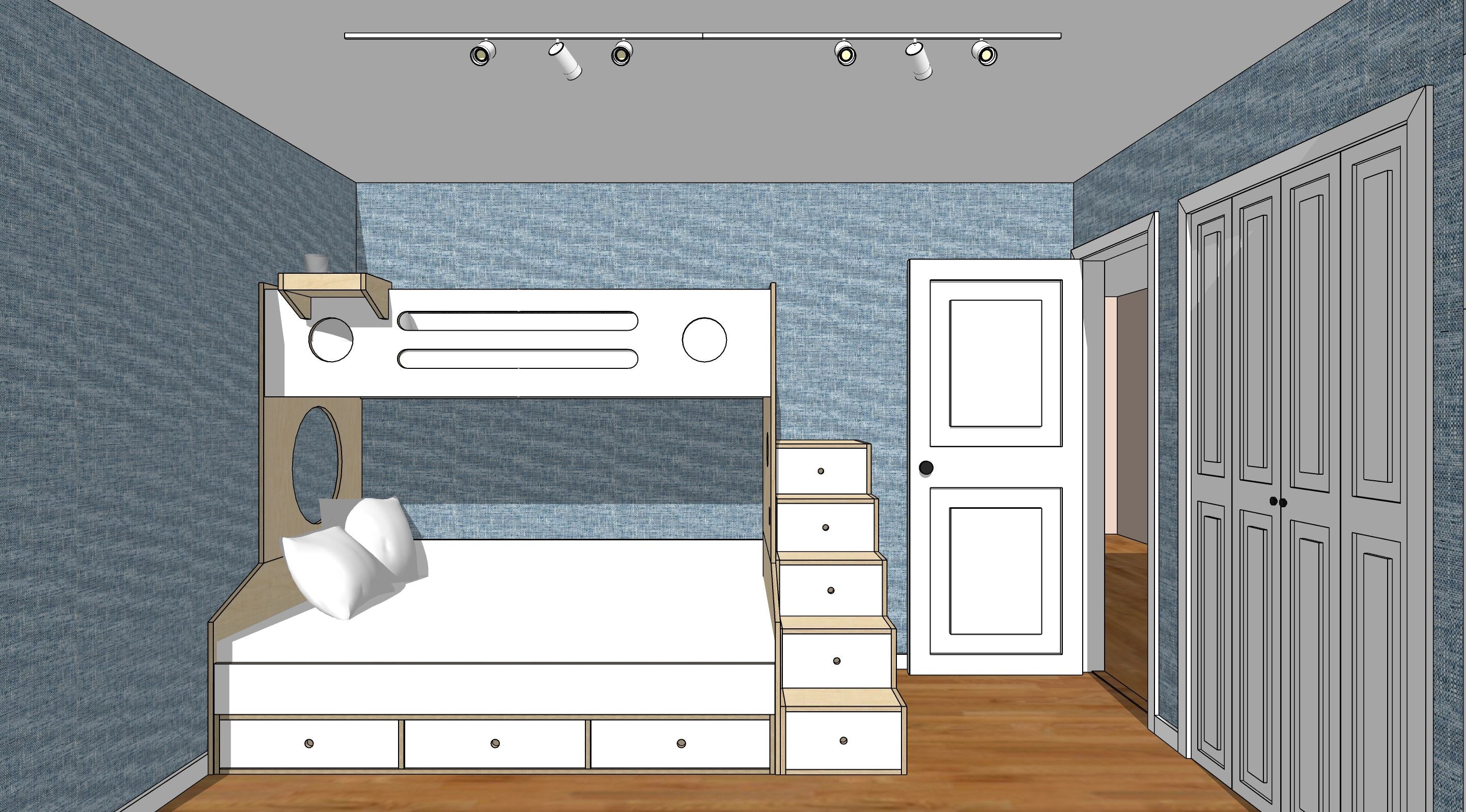 Bunk beds, cabinets, and door in a 3D-rendered room.