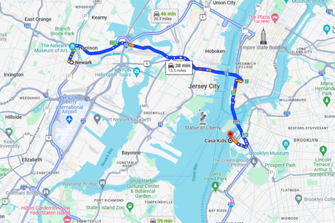 google map from Newark to travel via Newark-Jersey City Turnpike