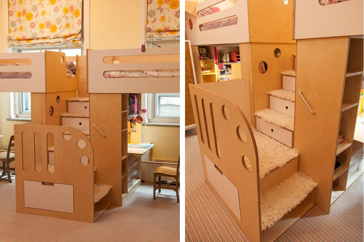 Cozy and creative children's room featuring wooden bunk beds with decorative cutouts, and a study area.