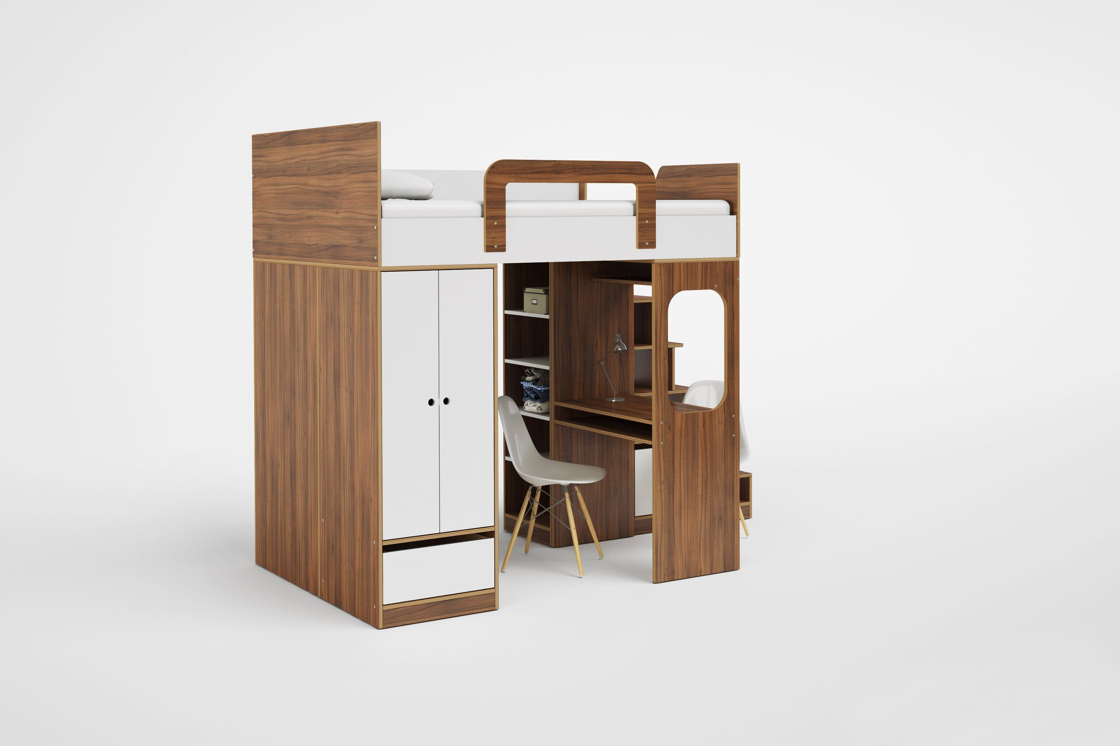 Space-saving wooden loft bed with integrated desk, shelves, and wardrobe on a white backdrop.