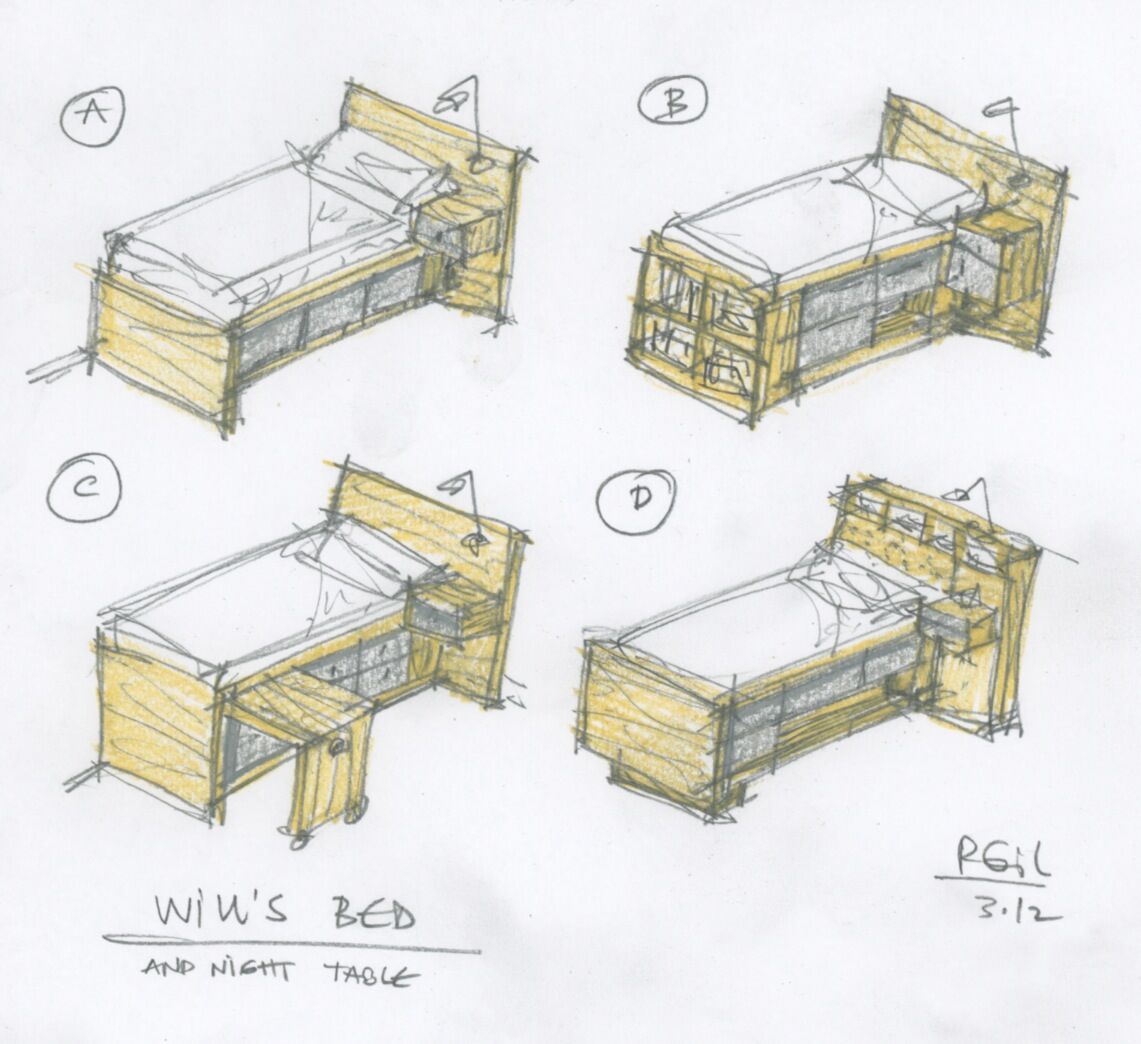 Bed design sketches A-D, with varied styles and annotations for interior planning.