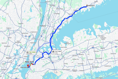 Google map from Stamford to  travel via I-95 S and FDR Drive and I-278 W