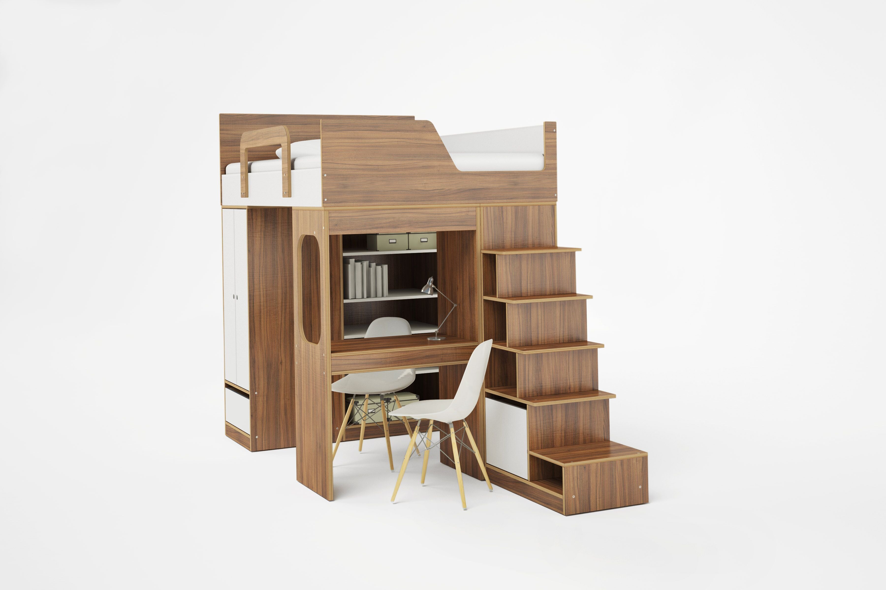 Compact wooden loft bed with desk, shelves, stairs, on white background.
