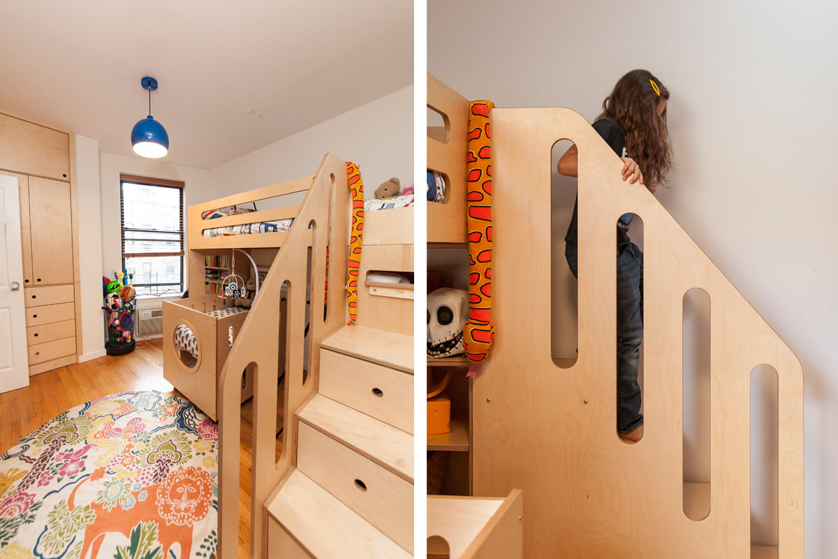 Bright child's room with colorful rug, bunk bed, and storage, featuring a child climbing.