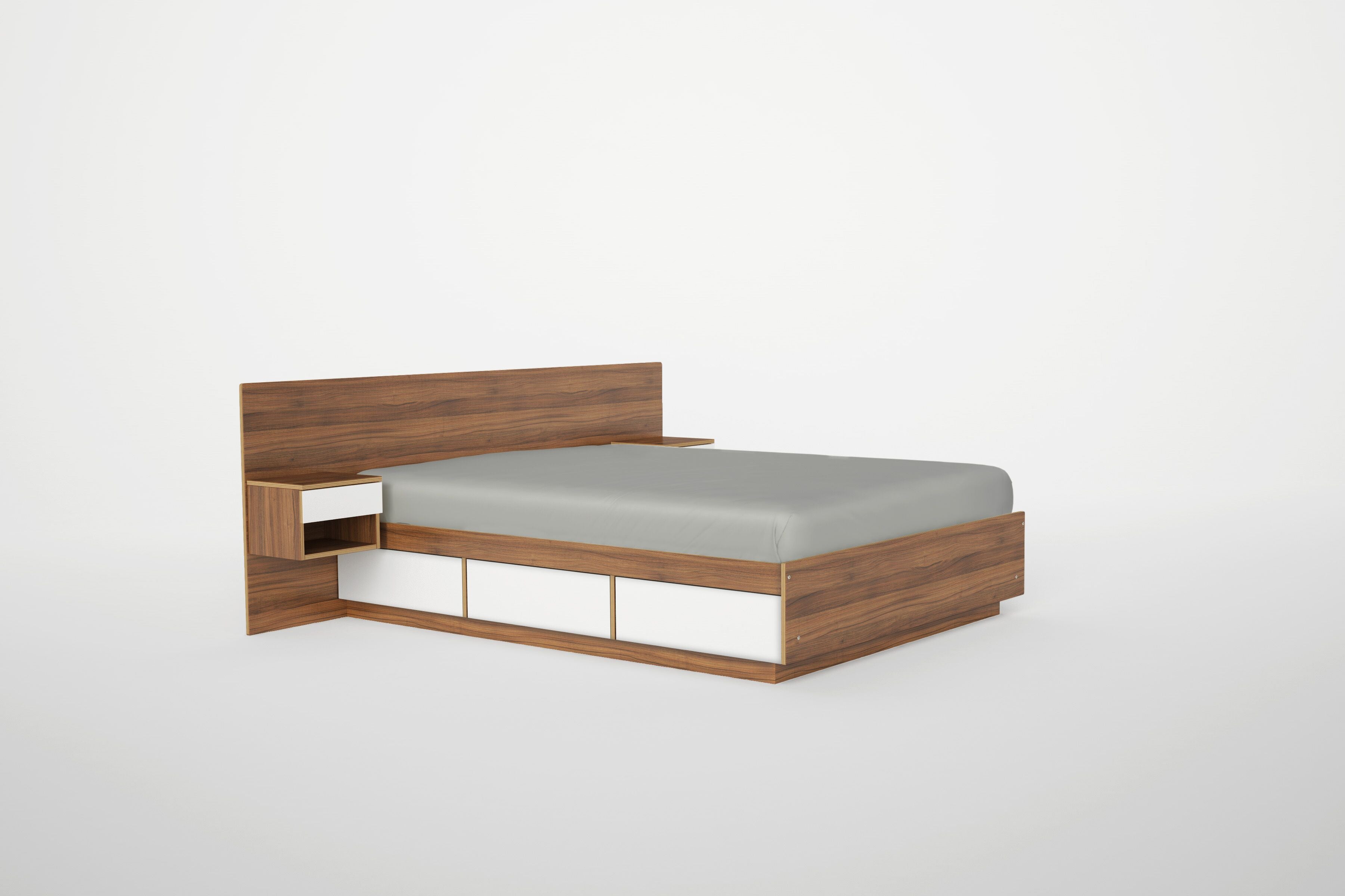 Wooden bed with headboard and storage drawers on white background.