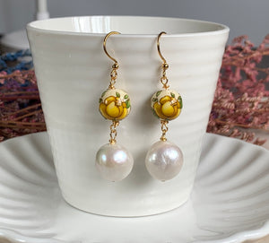 Big Baroque Pearl Flower Bead Gold Dangle Earrings