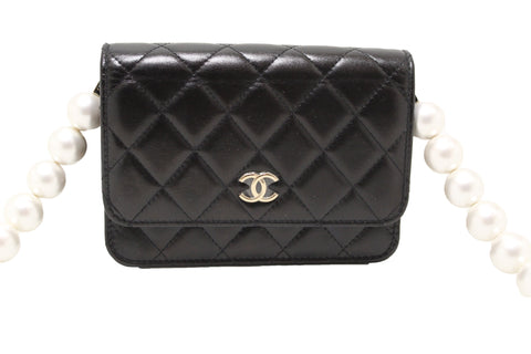 Chanel Stripe Quilted Wallet Black Leather