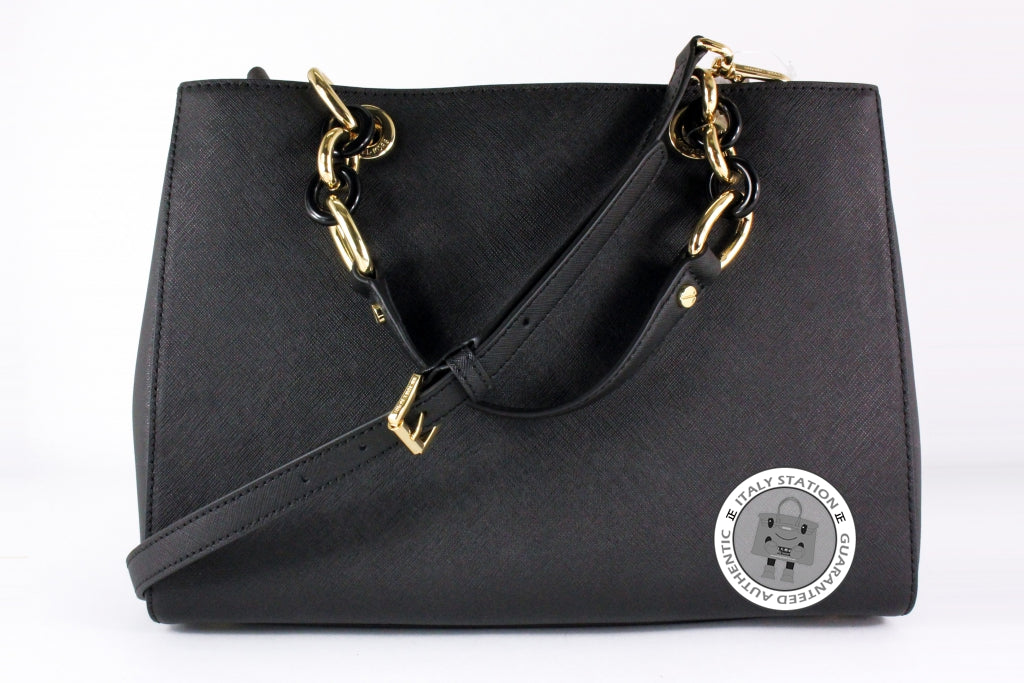 cynthia medium leather satchel black