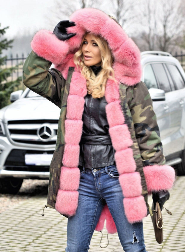 mountainviewsimmentals Thickened Hot Pink Grey Warm Loose Camouflage Faux Fur Casual Parka Hood Women Hooded Long Winter Jacket Overcoat Size