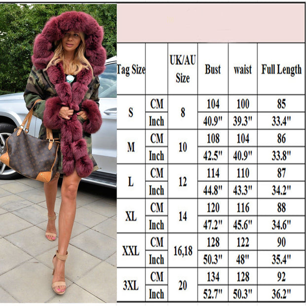 mountainviewsimmentals Thickened Warm Wine Red camouflage Faux Fur Fashion Warm Parka luxury Women Hooded Long Winter Jacket Coat Overcoat Top