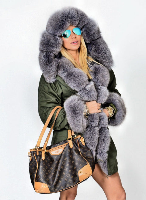 mountainviewsimmentals Thickened Warm Loose AmryGreen Grey Faux Fur Casual Parka Fashion Women Hooded Long Winter Jacket Overcoat EU SIZE 36-50