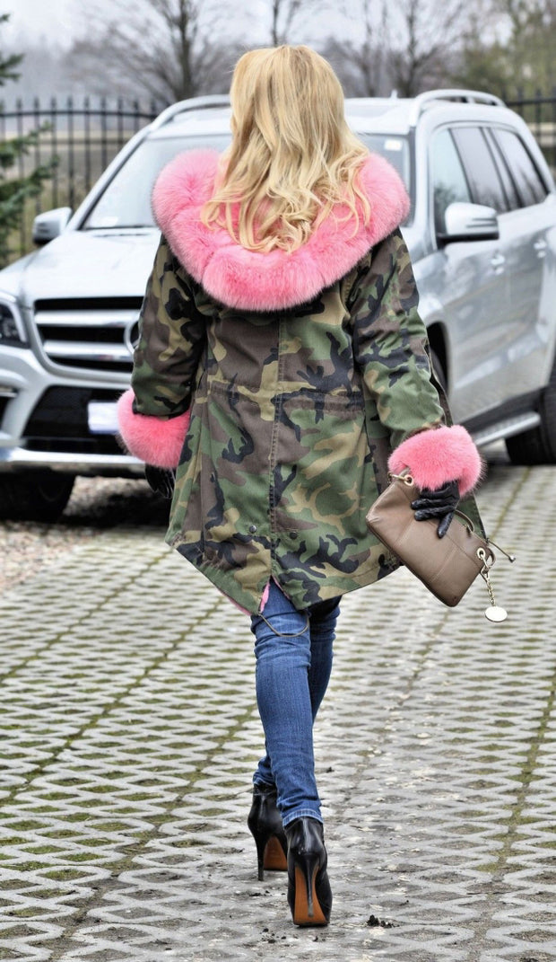 mountainviewsimmentals Thickened Hot Pink Grey Warm Loose Camouflage Faux Fur Casual Parka Hood Women Hooded Long Winter Jacket Overcoat Size
