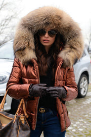 Ladies Slim Short Brown Down Jacket Zipper Faux Fur Winter Coat