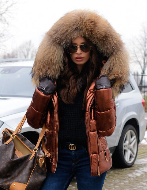 Ladies Slim Short Brown Down Jacket Zipper Faux Fur Winter Coat – Roiii