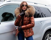 Ladies Slim Short Brown Down Jacket Zipper Faux Fur Winter Coat