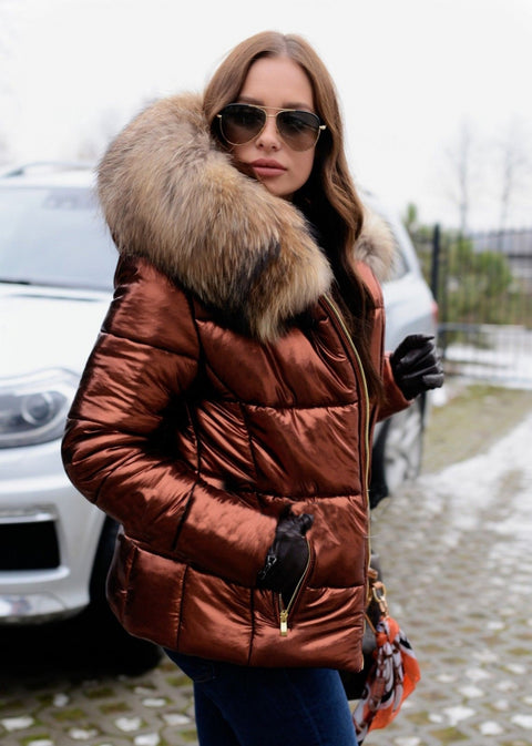 Ladies Slim Short Brown Down Jacket Zipper Faux Fur Winter Coat – Roiii