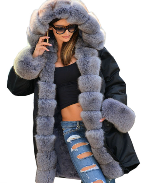 mountainviewsimmentals Thickened Warm Grey Faux Fur Soft Warm Parka Fashion Women Hooded Long Winter Jacket Coat  Overcoat Size S-M L XL XXL 3XL