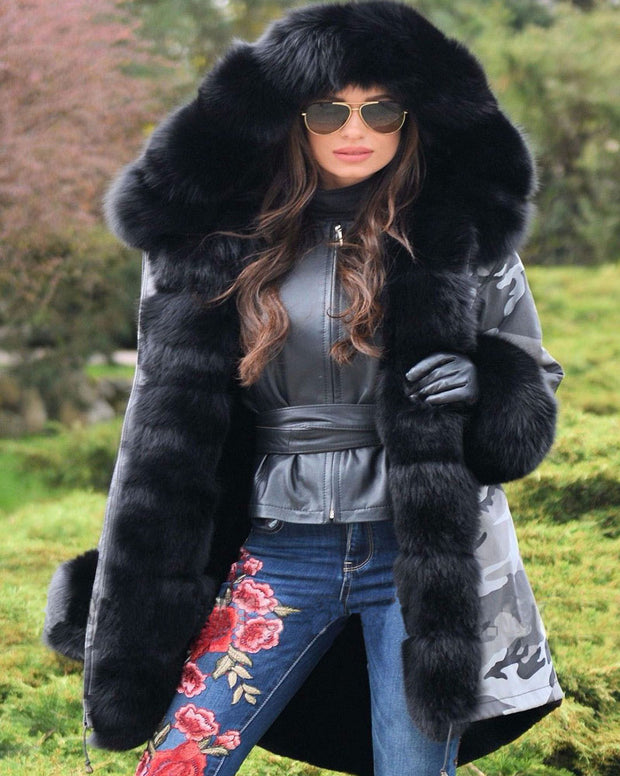 mountainviewsimmentals Women's Thicken Warm Black Camouflage Casual Winter Warm Faux Fur Hooded Plus Size EU 36 40 50 Luxury Parka Jacket Coat