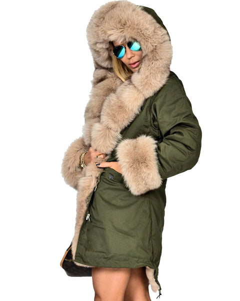 mountainviewsimmentals Thickened Grey Warm Military Amry Style Beige Faux Fur  Casual  Parka Hood Women Hooded Long Winter Jacket Overcoat