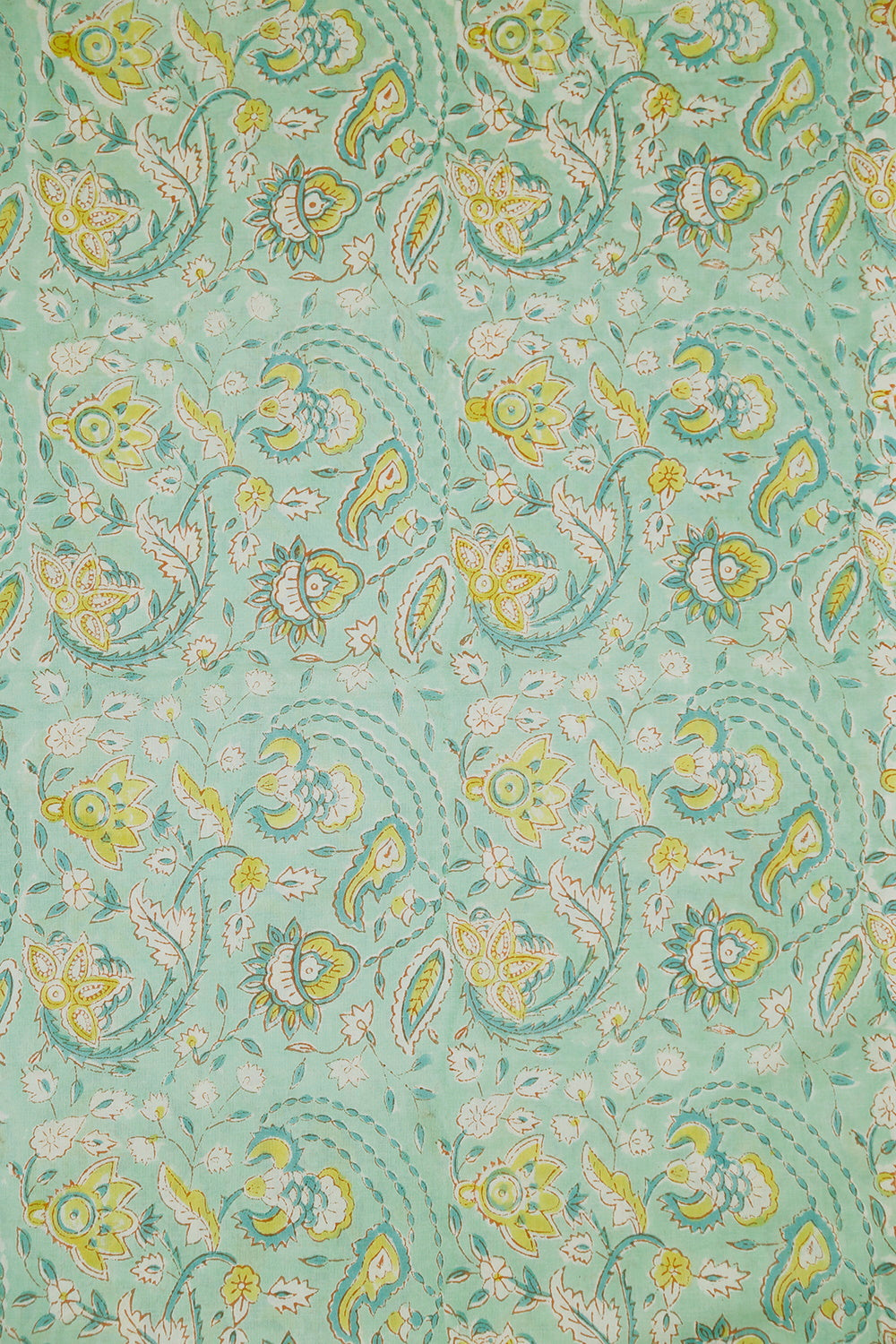 Yellow Florals on Mint Green Sanganeri Cotton Fabric