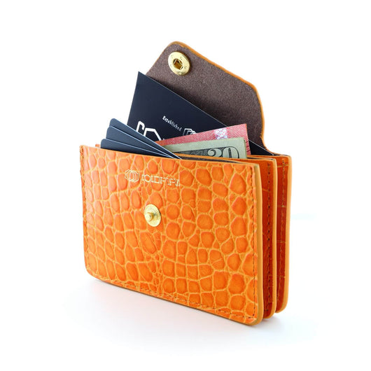 Women's Small Card Case Wallet with Flap. Mini Credit Card Holder. Croco Embossed Orange