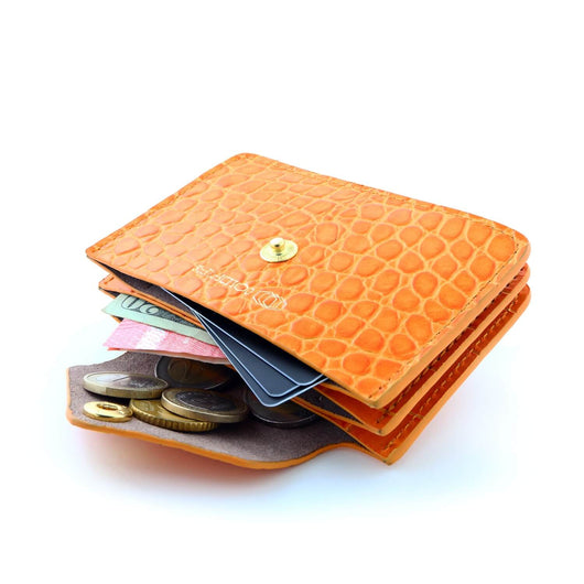 Women's Small Card Case Wallet with Flap. Mini Credit Card Holder. Croco  Embossed Orange