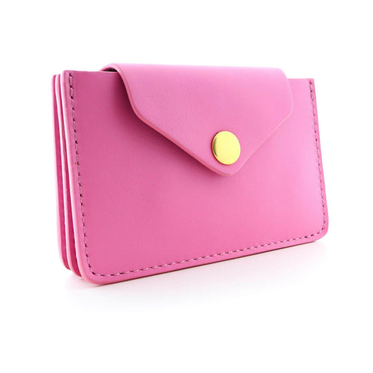 Women's Small Card Case Wallet with Flap. Mini Credit Card Holder. Soft Candy Pink Leather