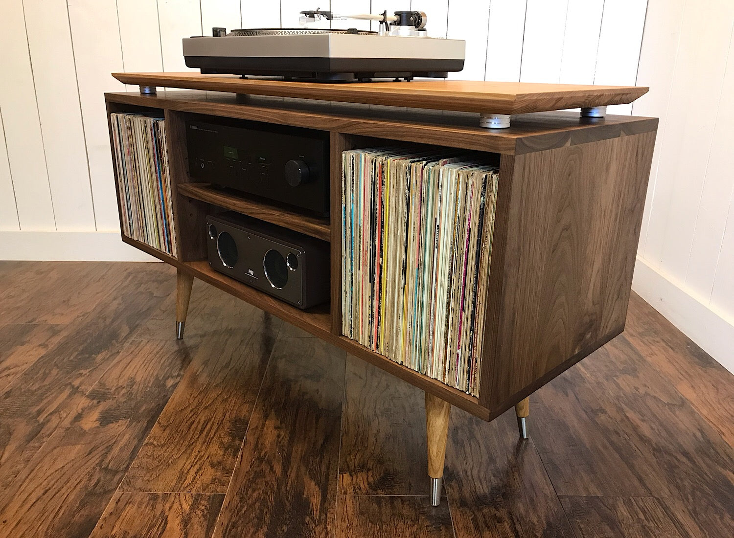 Solid Walnut And White Oak Turntable Stereo Console With Isolation