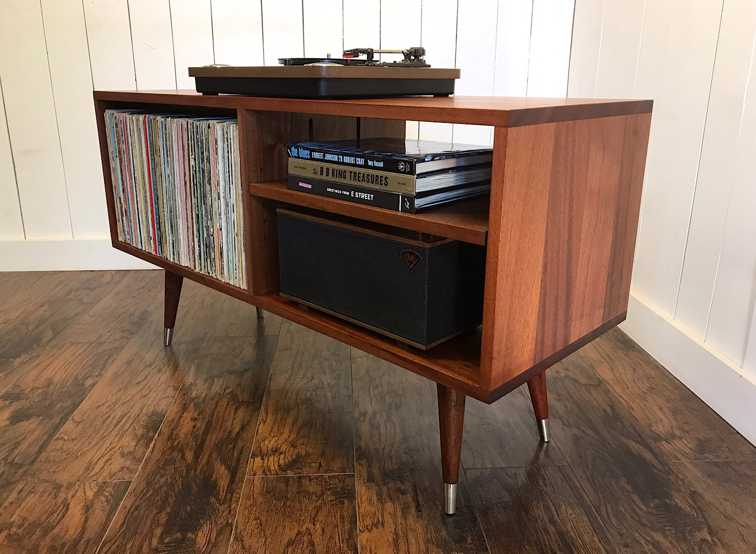 Solid Mahogany Turntable And Stereo Console With Album Storage