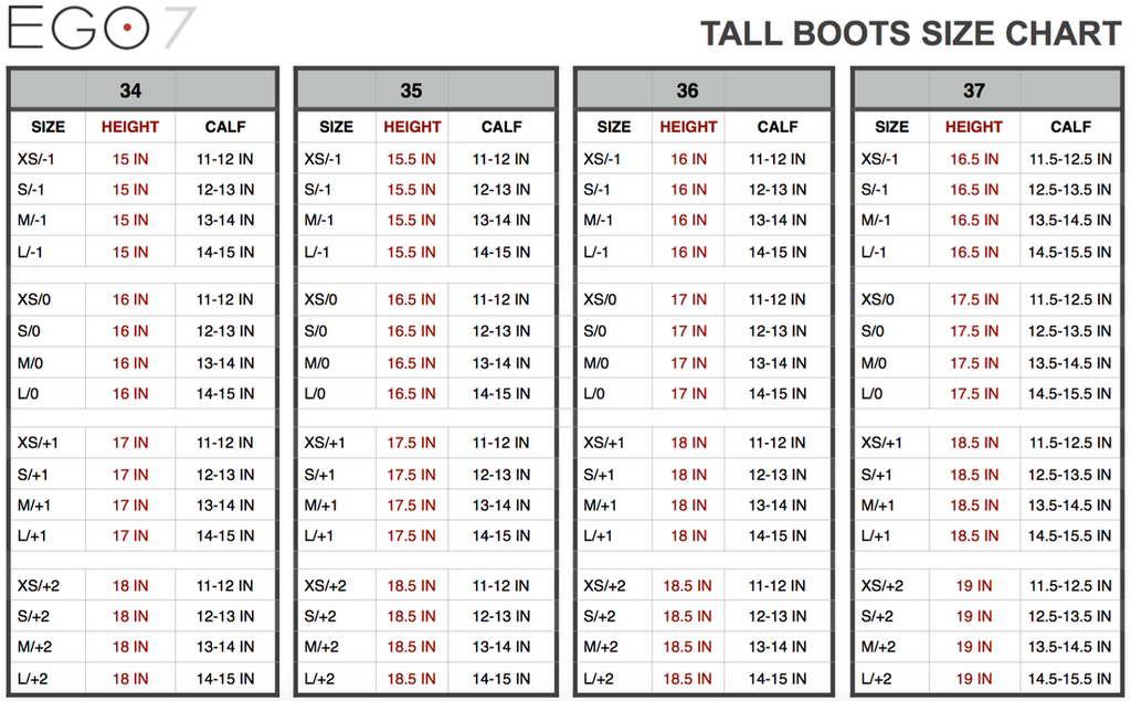 Ego7 Tall Boot Size Chart 34-38