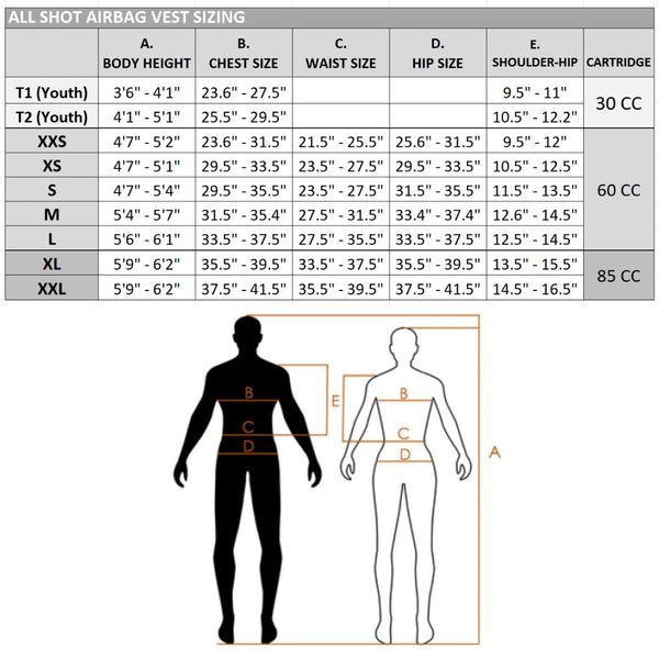 AllShot Airbag Size Chart - Youth & Adult | Malvern Saddlery