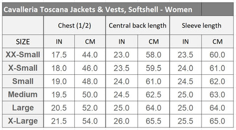 Cavalleria Toscana Ladies Outerwear Size Chart | Malvern Saddlery