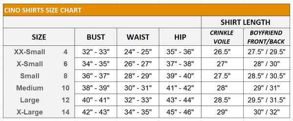 Cino Shirt Size Chart | Malvern Saddlery