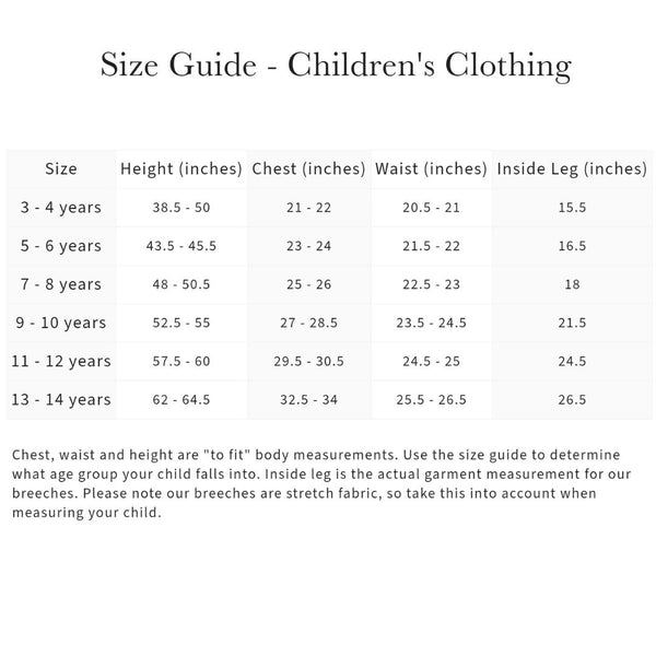 LeMieux Childrens' Size Chart - Inches | Malvern Saddlery